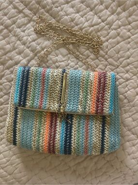 Woven Multicolor Straw Mini Shoulder Bag with Gold Chain